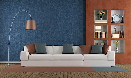 simsearch:400-08554639,k - White sofa in a blue and orange living room - rendering Stock Photo - Budget Royalty-Free & Subscription, Code: 400-07502286