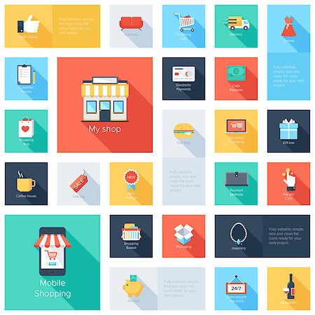 Vector collection of modern flat and colorful shopping icons with long shadow. Design elements for mobile and web applications. Stock Photo - Budget Royalty-Free & Subscription, Code: 400-07502358