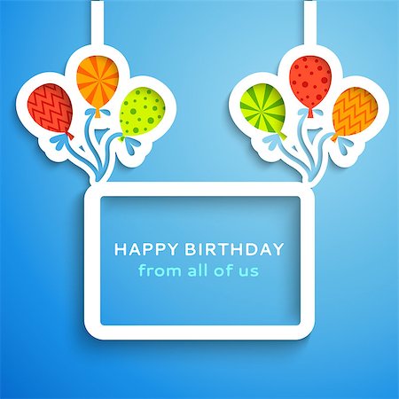 simsearch:400-05680106,k - Happy birthday colorful applique background. Vector illustration for your funny holiday design. Banner of applique for your greeting postcard. Balloon and frame cut out white paper. Blue, white color. Stock Photo - Budget Royalty-Free & Subscription, Code: 400-07502372