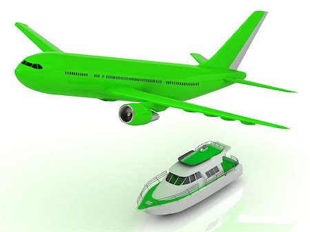 simsearch:400-07569725,k - Green passenger airliner gains altitude and Green motorized pleasure boat. Top frontal isolated on white Photographie de stock - Aubaine LD & Abonnement, Code: 400-07502792