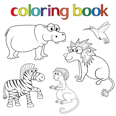 Kit of animals for coloring book with hippo, lion, zebra, hummingbird and monkey, cartoon vector illustration Stock Photo - Budget Royalty-Free & Subscription, Code: 400-07502958
