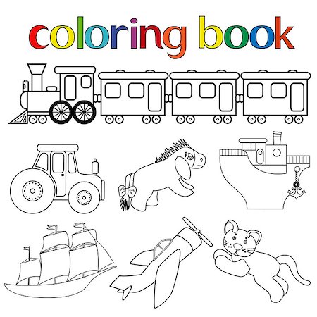 Set of different toys for coloring book with train with wagons, tractor, donkey, boat, sailboat, airplane and cat, cartoon vector illustration Stock Photo - Budget Royalty-Free & Subscription, Code: 400-07502960