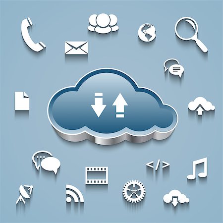 simsearch:400-07504762,k - Cloud computing concept: Cloud and communication and network flat design icons on blue background. Vector illustration Photographie de stock - Aubaine LD & Abonnement, Code: 400-07503360