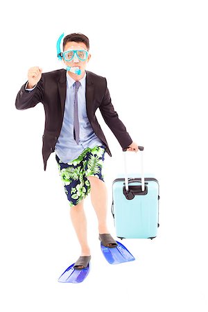 person holding up mask - funny businessman put on scuba gear and holding a baggage Stock Photo - Budget Royalty-Free & Subscription, Code: 400-07503504