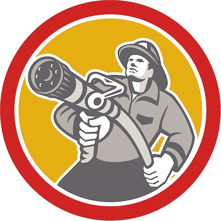 simsearch:400-07429745,k - Illustration of a fireman fire fighter emergency worker aiming a fire hose viewed from front set inside circle done in retro style. Stock Photo - Budget Royalty-Free & Subscription, Code: 400-07503736