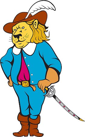 Illustration of a musketeer lion big cat standing viewed from front with sword on isolated background done cartoon style. Stock Photo - Budget Royalty-Free & Subscription, Code: 400-07503757