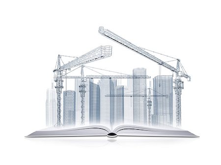simsearch:400-07614731,k - On the pages of an open book is wire frame tower crane and skyscrapers. White background Stock Photo - Budget Royalty-Free & Subscription, Code: 400-07514295