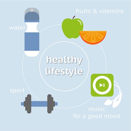 simsearch:400-07976328,k - Infographic illustration of healthy lifestyle: water, fruits, music and sport Foto de stock - Royalty-Free Super Valor e Assinatura, Número: 400-07514580