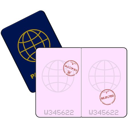 Cartoon illustration showing a passport with stamps for entry denied and accepted Foto de stock - Super Valor sin royalties y Suscripción, Código: 400-07515038