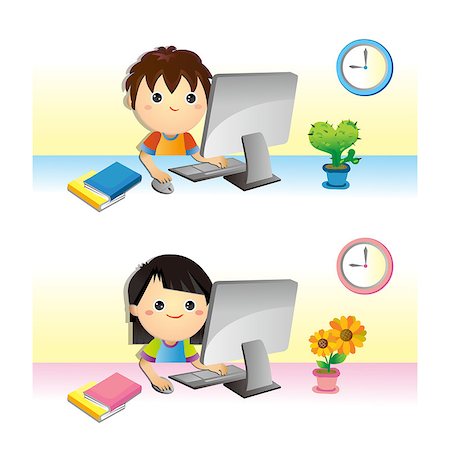 A boy & a girl cartoon child studying with computer at home Stock Photo - Budget Royalty-Free & Subscription, Code: 400-07515564