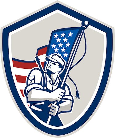 simsearch:400-08919969,k - Illustration of an American soldier serviceman waving a USA stars and stripes flag viewed from front set inside shield crest shape done in retro style. Foto de stock - Super Valor sin royalties y Suscripción, Código: 400-07515812