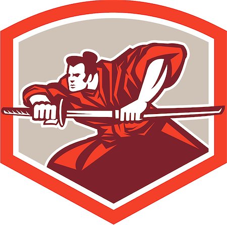 simsearch:400-07500332,k - Illustration of a Samurai warrior drawing katana sword in fighting stance viewed from side set inside shield crest shape done in retro style on isolated background. Stock Photo - Budget Royalty-Free & Subscription, Code: 400-07515836