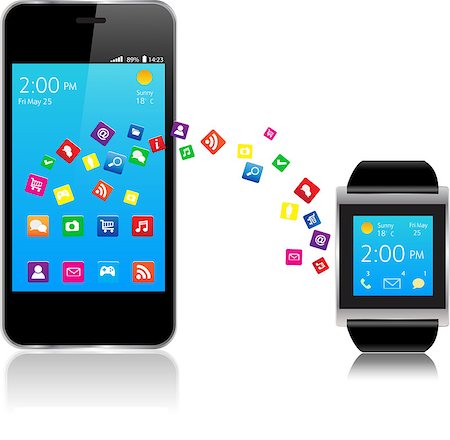 simsearch:400-08152542,k - Smartwatch and Smart phone with colorful Application Icons sharing Stock Photo - Budget Royalty-Free & Subscription, Code: 400-07515845