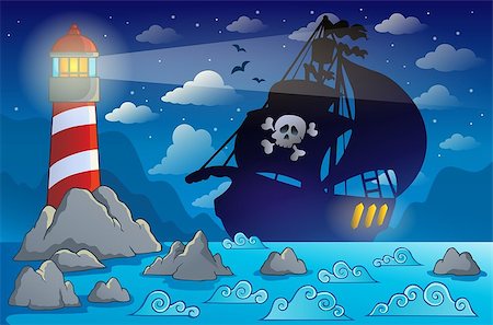 simsearch:400-07317425,k - Pirate ship silhouette near coast 2 - eps10 vector illustration. Foto de stock - Super Valor sin royalties y Suscripción, Código: 400-07516578