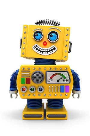 simsearch:400-07301158,k - Yellow toy robot is looking up in the air with a big smile on its face Fotografie stock - Microstock e Abbonamento, Codice: 400-07517185