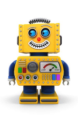 simsearch:400-07301158,k - Yellow toy robot is looking to the left with a big smile on its face Fotografie stock - Microstock e Abbonamento, Codice: 400-07517186