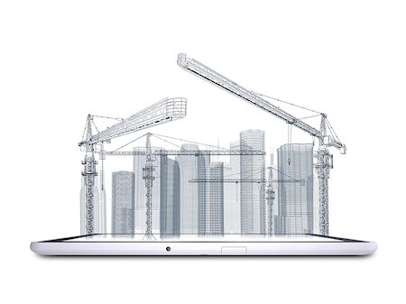Wire frame tower crane and skyscrapers on the tablet pc. White background Stock Photo - Budget Royalty-Free & Subscription, Code: 400-07517717