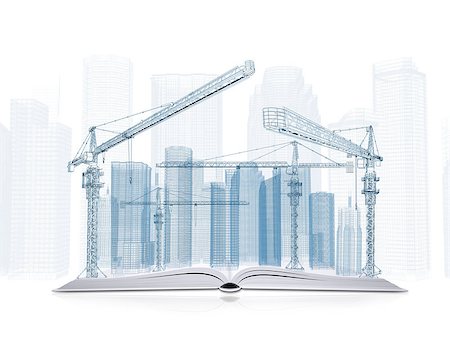 simsearch:400-07614731,k - On the pages of an open book is wire frame tower crane and skyscrapers. White background Stock Photo - Budget Royalty-Free & Subscription, Code: 400-07517718