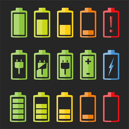 Set of battery indicators on dark background, vector eps10 illustration Stock Photo - Budget Royalty-Free & Subscription, Code: 400-07517749