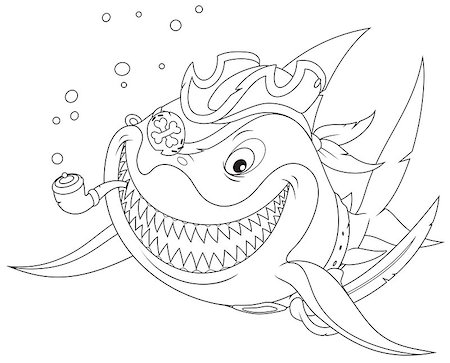 simsearch:400-07550624,k - Great white shark with a pirate saber, hat and pipe, black and white outline illustration for a coloring book Stock Photo - Budget Royalty-Free & Subscription, Code: 400-07518262