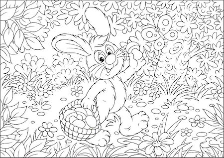 fairyland - Rabbit walking through a forest and carrying his basket with mushrooms, black and white outline illustration for a coloring book Stock Photo - Budget Royalty-Free & Subscription, Code: 400-07518263