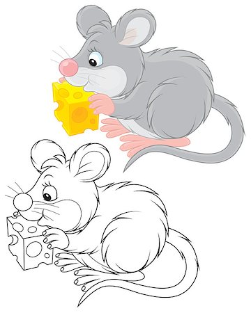 simsearch:400-07518178,k - Grey mouse sitting and holding a piece of cheese, color and black-and-white illustrations on a white background Stockbilder - Microstock & Abonnement, Bildnummer: 400-07518275