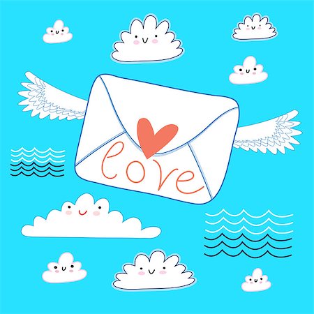 simsearch:400-07933418,k - funny greeting envelope with love on blue background with clouds Photographie de stock - Aubaine LD & Abonnement, Code: 400-07518368