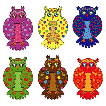 Set of six stylized owls painted by various floral and geometric ornaments, hand drawing cartoon vector illustration Stock Photo - Budget Royalty-Free & Subscription, Code: 400-07518735