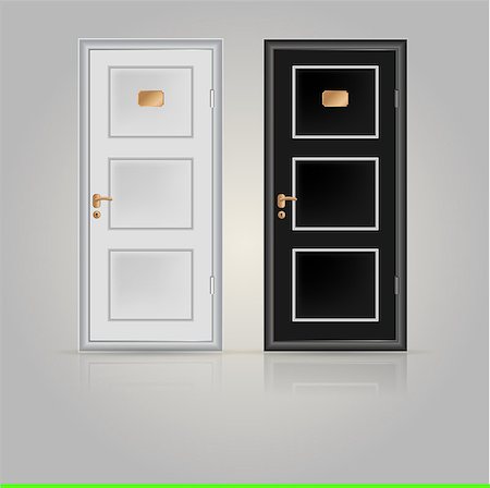 front door closed inside - Black and white doors with golden doorplate and handle. Two vector illustrations on white. Stock Photo - Budget Royalty-Free & Subscription, Code: 400-07519104