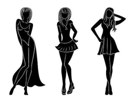 simsearch:400-07466197,k - Three slim attractive women black silhouettes with white contours, hand drawing vector artwork Stock Photo - Budget Royalty-Free & Subscription, Code: 400-07510392
