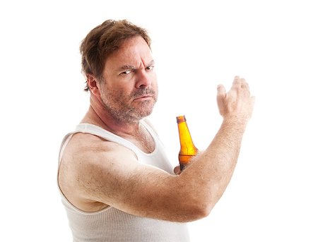 Drunk angry man threatens to hit someone with the back of his hand.  Domestic wife or child abuse theme.  Isolated on white. Stockbilder - Microstock & Abonnement, Bildnummer: 400-07510922