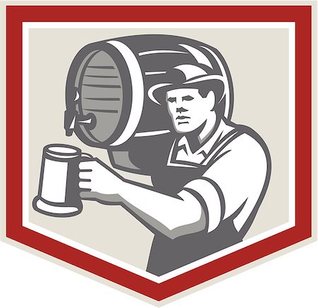 simsearch:400-07500332,k - Illustration of a barkeep, barkeeper, barperson, barman, barmaid, bar attendant, or taberneiro worker lifting carrying beer barrel on shoulder pouring beer into mug inside shield done in retro style. Stock Photo - Budget Royalty-Free & Subscription, Code: 400-07511128