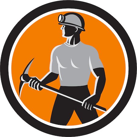 simsearch:400-07835492,k - Illustration of a coal miner wearing hardhat with pick axe facing front set inside oval done in retro style. Stockbilder - Microstock & Abonnement, Bildnummer: 400-07511137