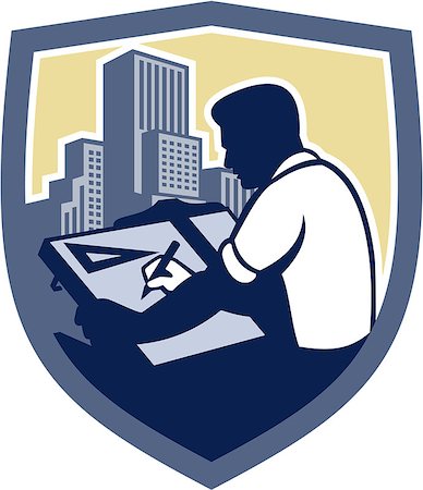 simsearch:400-07500332,k - Illustration of an architect draftsman holding pencil and t-square drawing viewed from side set inside shield crest shape with buildings on isolated background done in retro woodcut style. Stock Photo - Budget Royalty-Free & Subscription, Code: 400-07511147