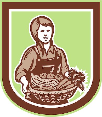 simsearch:400-07422645,k - Illustration of female woman organic farmer with basket of crop produce harvest fruits vegetables facing front set inside circle done in retro woodcut style. Photographie de stock - Aubaine LD & Abonnement, Code: 400-07511140