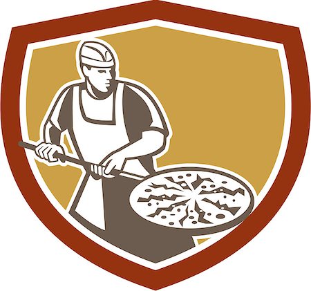 simsearch:400-07500332,k - Illustration of a pizza maker baker holding a peel with pizza pie set inside shield crest done in retro style on isolated white background. Stock Photo - Budget Royalty-Free & Subscription, Code: 400-07511157