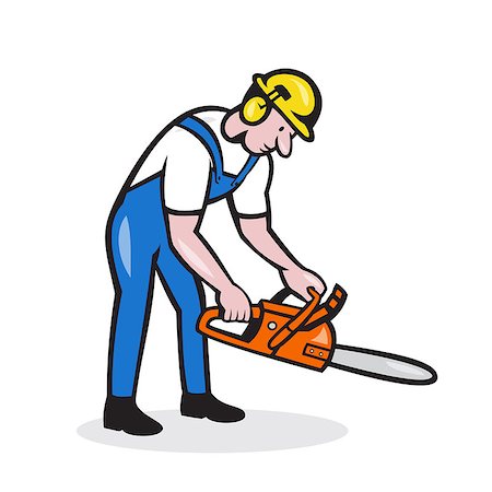 simsearch:400-08574574,k - Illustration of lumberjack arborist tree surgeon holding operating a chainsaw set on isolated white background done in cartoon style. Stock Photo - Budget Royalty-Free & Subscription, Code: 400-07511151