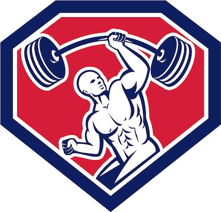 Illustration of a weightlifter lifting barbell with one hand set inside shield crest shape on isolated background viewed from front done in retro style. Stock Photo - Budget Royalty-Free & Subscription, Code: 400-07511168