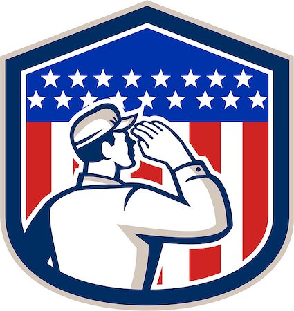 simsearch:400-07500332,k - Illustration of an American soldier serviceman saluting USA stars and stripes flag viewed from rear set inside shield crest shape done in retro style. Stock Photo - Budget Royalty-Free & Subscription, Code: 400-07511162