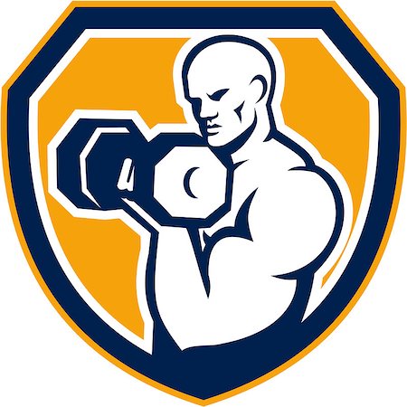 Illustration of a strongman muscular guy pumping lifting dumbbells weight training  viewed from front set inside shield crest shape done in retro style. Stock Photo - Budget Royalty-Free & Subscription, Code: 400-07511163