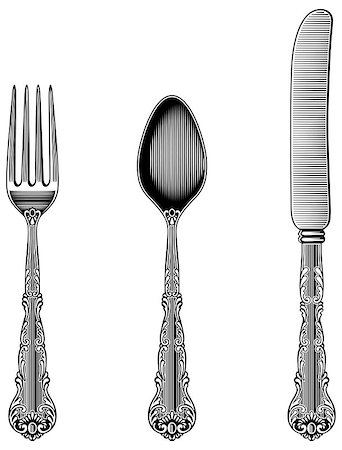 silver antique - Spoon, fork and knife in vintage style from the Victorian period. Works well as a wall stickers. Stock Photo - Budget Royalty-Free & Subscription, Code: 400-07511283