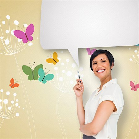 Thoughtful businesswoman with speech bubble against feminine design of dandelions and butterflies Stock Photo - Budget Royalty-Free & Subscription, Code: 400-07512119