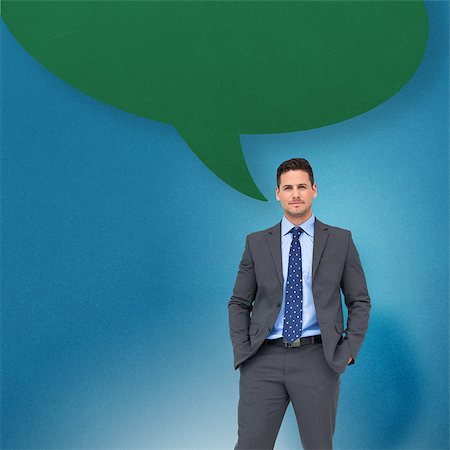 speech bubble with someone thinking - Thinking businessman with speech bubble against blue background with vignette Stock Photo - Budget Royalty-Free & Subscription, Code: 400-07512133