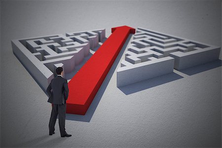 Businessman standing with hands on hips against red arrow cutting through puzzle Photographie de stock - Aubaine LD & Abonnement, Code: 400-07512303