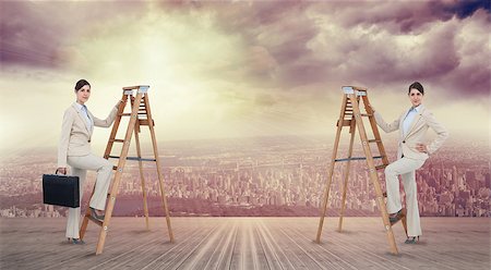 Multiple image of businesswoman climbing ladder against balcony overlooking city Stock Photo - Budget Royalty-Free & Subscription, Code: 400-07512403