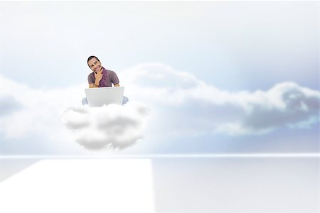 simsearch:400-08076534,k - Thinking man sitting on cloud using laptop and smiling against clouds in a room Foto de stock - Royalty-Free Super Valor e Assinatura, Número: 400-07512605