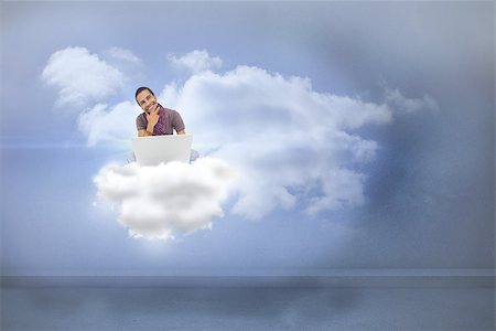 simsearch:400-08076534,k - Thinking man sitting on cloud  using laptop and smiling against clouds in a room Foto de stock - Royalty-Free Super Valor e Assinatura, Número: 400-07512600