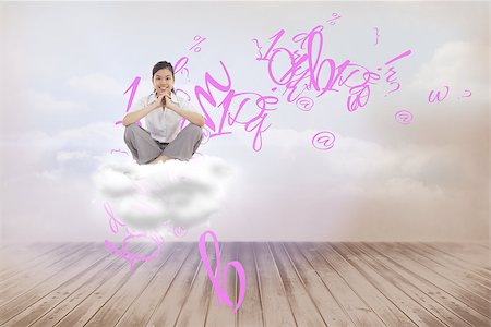 smoking room - Businesswoman sitting cross legged with hands together against clouds in a room Stock Photo - Budget Royalty-Free & Subscription, Code: 400-07512613