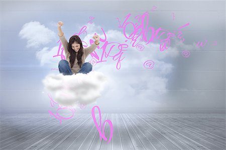 smoking room - Brunette cheering while using laptop against clouds in a room Stock Photo - Budget Royalty-Free & Subscription, Code: 400-07512627