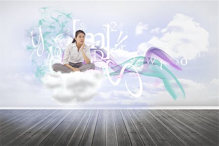 smoking room - Businesswoman sitting cross legged thinking against clouds in a room Stock Photo - Budget Royalty-Free & Subscription, Code: 400-07512622